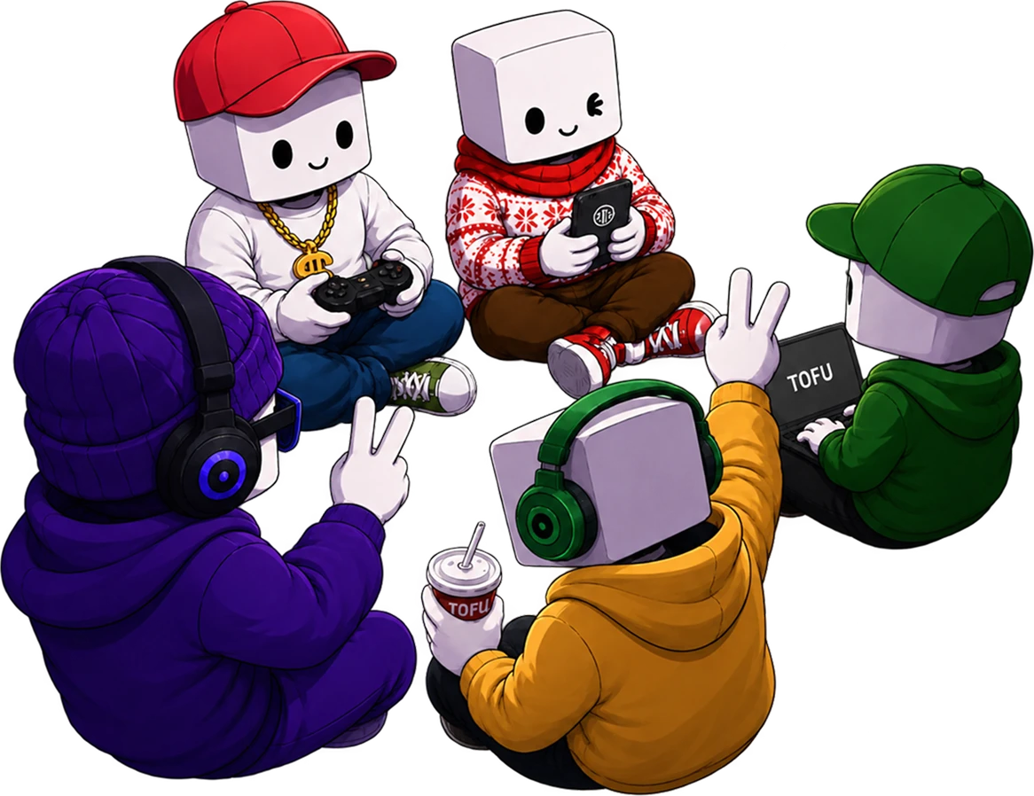 Tofuman crew gaming and trading together