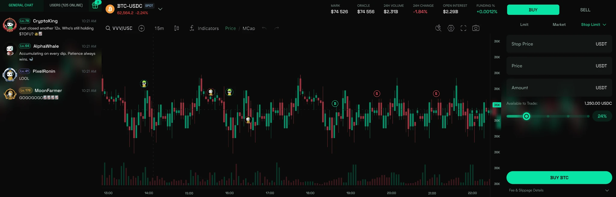 Together.fun BTC-USDC spot trading interface with global chat, candlestick chart and order ticket